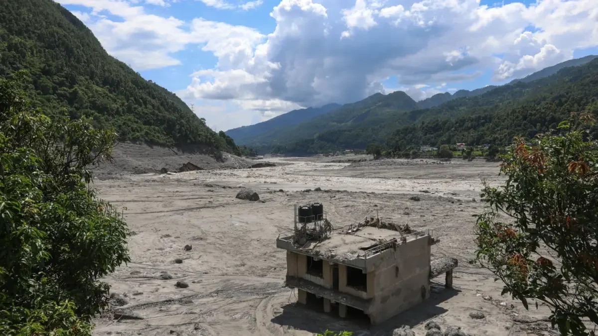 A lone house standing amid the mud. Photo by Suman Nepali of Nepali Times. Used with permission.